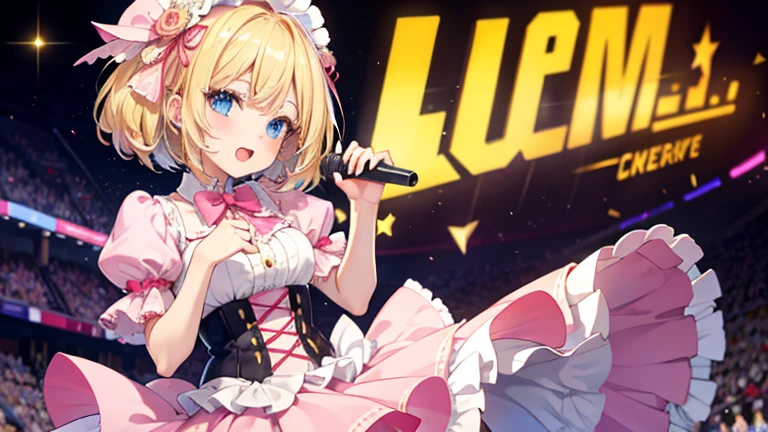 ((Highest quality)), Idol girl, blonde straight bob, singing, frilly pink costume, blue eyes