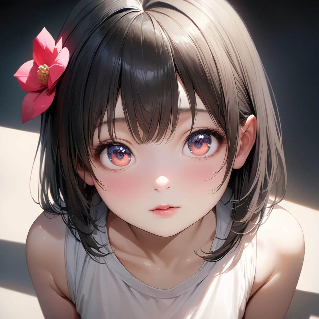 **** anime girl, Realistic shadows, Delicate skin, The breasts are very small, Black Hair, Very detailed, 8k highly detailed face, Perfect face shape, Full, perfect lips, Perfect nose, Correction of beautiful eyes, Viewers, White shirt, Hair Flower, masterpiece, best quality, Single Girl, not good, No, Solitary