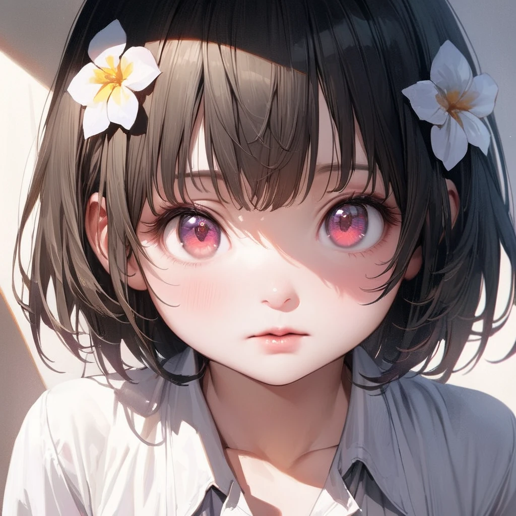 **** anime girl, Realistic shadows, Delicate skin, The breasts are very small, Black Hair, Very detailed, 8k highly detailed face, Perfect face shape, Full, perfect lips, Perfect nose, Correction of beautiful eyes, Viewers, White shirt, Hair Flower, masterpiece, best quality, Single Girl, not good, No, Solitary