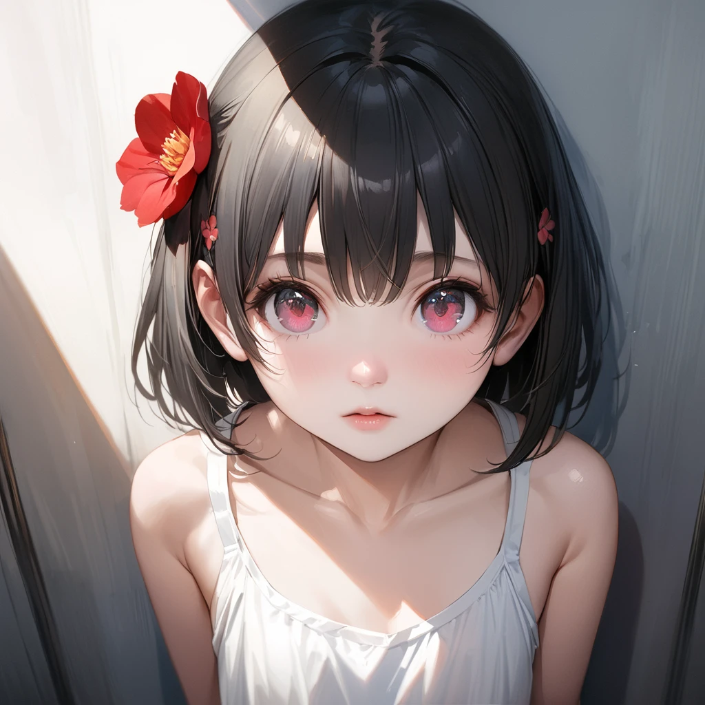 **** anime girl, Realistic shadows, Delicate skin, The breasts are very small, Black Hair, Very detailed, 8k highly detailed face, Perfect face shape, Full, perfect lips, Perfect nose, Correction of beautiful eyes, Viewers, White shirt, Hair Flower, masterpiece, best quality, Single Girl, not good, No, Solitary