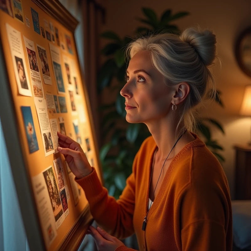 Create A 40-year-old woman looking at a vision board or dream map at home, with images of personal and professional achievements. The scene should be cozy, with warm tones of brown and orange, showing a personal and intimate environment.