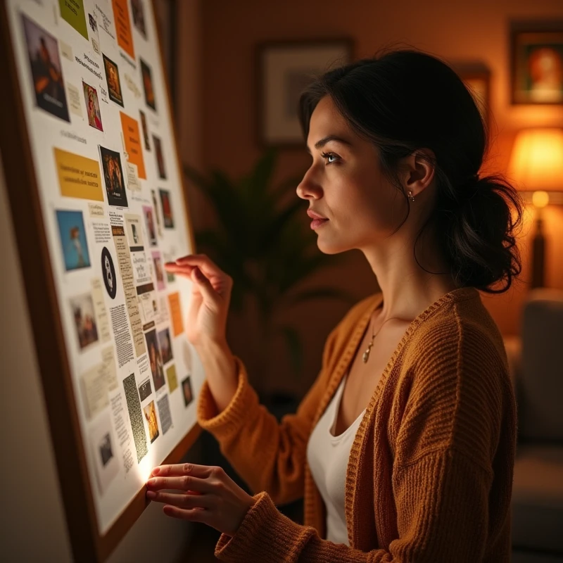 Create A 40-year-old woman looking at a vision board or dream map at home, with images of personal and professional achievements. The scene should be cozy, with warm tones of brown and orange, showing a personal and intimate environment.