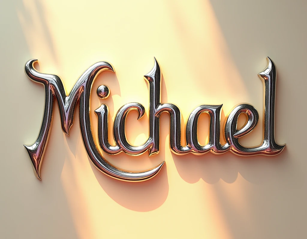 (text:"Michael") The word, in Art Nouveau fancy script text in shiny highly polished silver chrome and coloured glass, art nouveau, flowing shapes and flourishes, front face view on flat cream silk background, direct front lit by very bright sun, tropical reflection on text, highlights, lens flare, logo, badge, emblem, insignia, label, photorealistic, extremely detailed, beautiful, unique, epic, cinematic, sparkling,