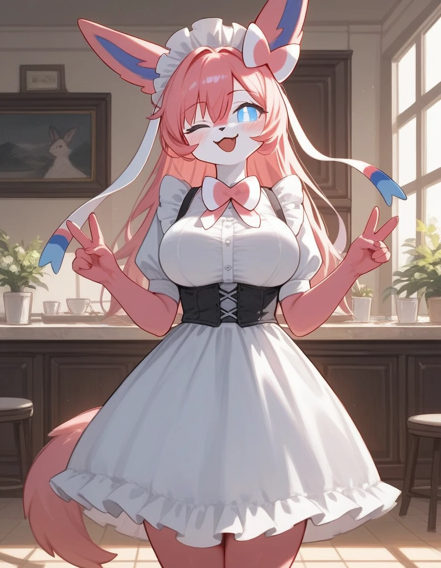alone, score_9,score_8_up,score_7_up, anthro female sylveon, blue sclera, white eyes, large breasts, standing, maid dress, wink one eye, love face, indoors.
