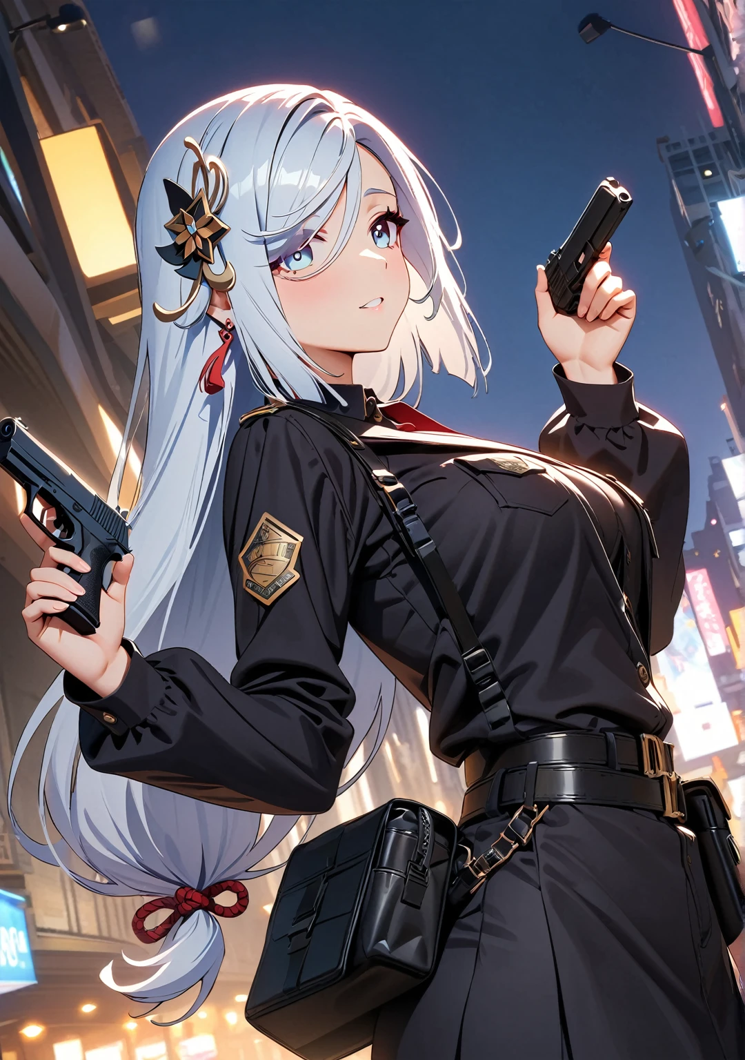 (high quality, 8k, 4k, high contrast, masterpiece:1.2, best quality, best aesthetics), (dynamic angle), Shenhe, Genshin impact, alternate costume, police officer, Detailed face and body, Beautiful breasts, confident look, (white hair, long hair, hair_ornament), Shiny black uniform, Tactical belt with equipment, Glossy Badges and Name Tags, Carrying a small handgun, Standing in a dynamic pose, dutch angle, Flashing police car lights against cityscape background,