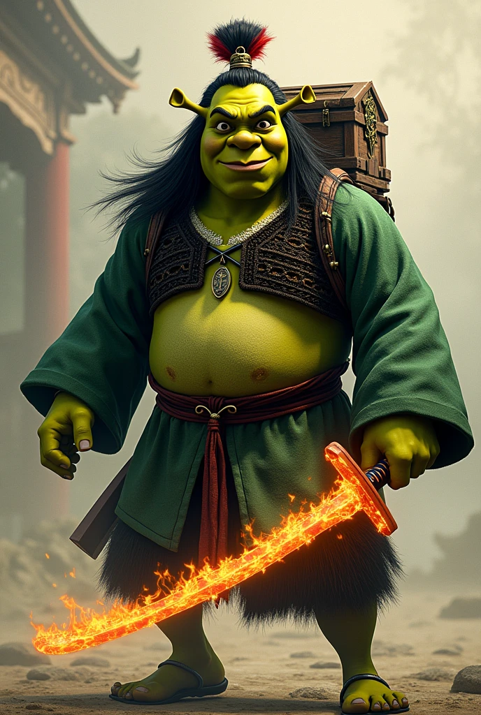 Shrek dressed in green and black checkered kimono, long black hair with red, a katana in his hand on fire, in attack position, with a wooden box on his back
