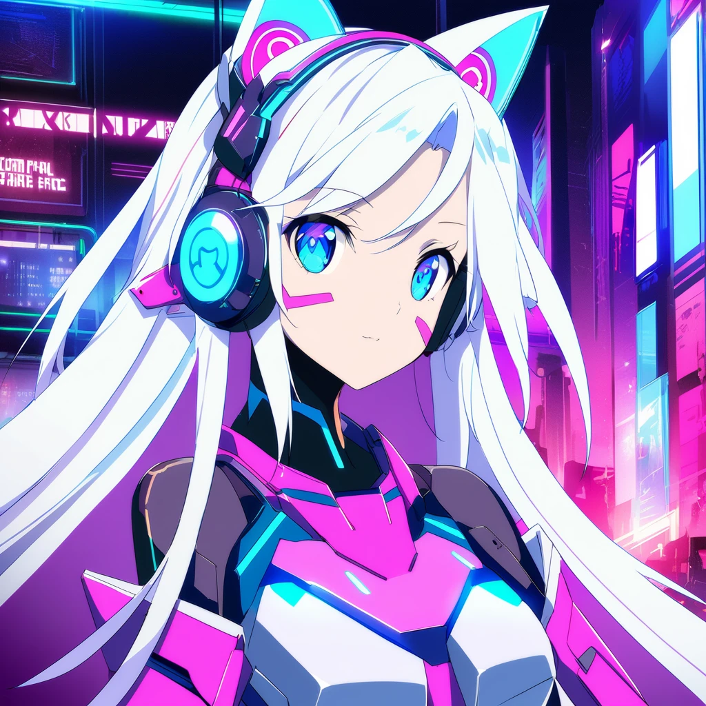 Dressed in futuristic clothing、Anime girl wearing cat ears and headphones, Cute robot girl, Digital Cyberpunk Anime Art, Cyberpunk anime girl mech, female Cyberpunk anime girl, Cyberpunk anime girl, Pretty girl robot, Perfect girl, Anime Cyberpunk Art, Portrait anime space cadet girl, Fantastic cyberpunk girl, Digital cyberpunk - anime art, Girl in mecha network armor, Cyberpunk Girl