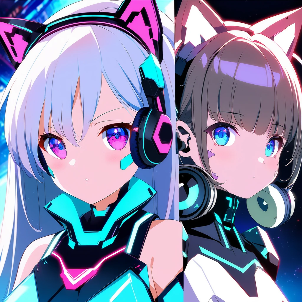 Dressed in futuristic clothing、Anime girl wearing cat ears and headphones, Cute robot girl, Digital Cyberpunk Anime Art, Cyberpunk anime girl mech, female Cyberpunk anime girl, Cyberpunk anime girl, Pretty girl robot, Perfect girl, Anime Cyberpunk Art, Portrait anime space cadet girl, Fantastic cyberpunk girl, Digital cyberpunk - anime art, Girl in mecha network armor, Cyberpunk Girl