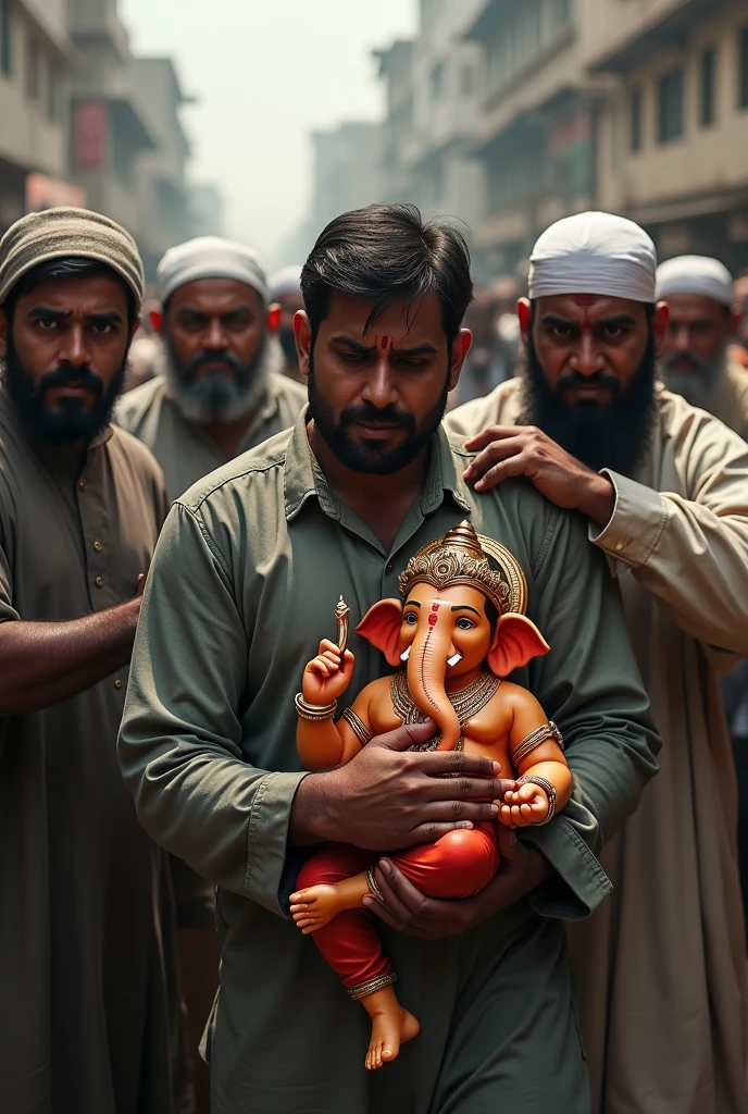 One man taking ganapati murty and Muslim peoples scarying