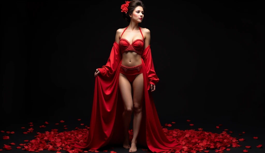 Red kimono open shoulders open legs beautiful breasts stockings black background red rose petals