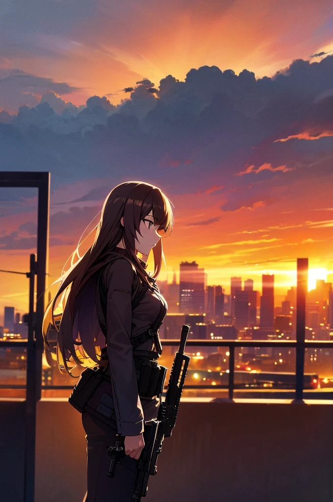 Cityscape, building, Skyline, sunset, Silhouette with cumulonimbus clouds in the background, meditation. Watching the beautiful sunset, sunset時に, sunset時, sunsetとともに, In the sunset, Nice views, Sunset view, With the sunset, sunset時に, During Golden Hour, looking sunset時に, Sunset in the background, Watching the sunset, In the spotlight, holding_gun, assault_rifle, Very detailed, Brown Hair, Long Hair, Anime Style, whole body, alone, Stylish Gunfighter Girl, Holding a steampunk long barrel pistol, The background is a dark and desolate landscape, Horror movie atmosphere. Her figure is very beautiful, Emphasizing the dark and crazy elements. Skillfully expressing the effects of light and shadow, Anime girls with guns and rifles, from Girls&#39; Frontline