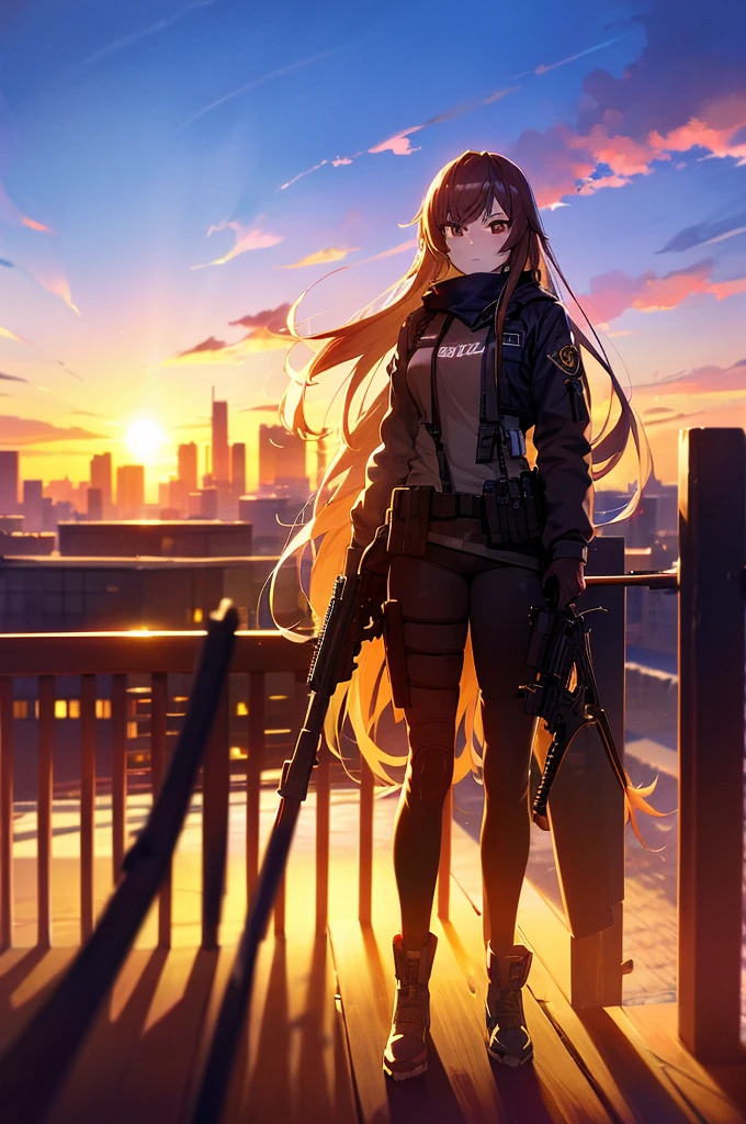 Cityscape, building, Skyline, sunset, Silhouette with cumulonimbus clouds in the background, meditation. Watching the beautiful sunset, sunset時に, sunset時, sunsetとともに, In the sunset, Nice views, Sunset view, With the sunset, sunset時に, During Golden Hour, looking sunset時に, Sunset in the background, Watching the sunset, In the spotlight, holding_gun, assault_rifle, Very detailed, Brown Hair, Long Hair, Anime Style, whole body, alone, Stylish Gunfighter Girl, Holding a steampunk long barrel pistol, The background is a dark and desolate landscape, Horror movie atmosphere. Her figure is very beautiful, Emphasizing the dark and crazy elements. Skillfully expressing the effects of light and shadow, Anime girls with guns and rifles, from Girls&#39; Frontline