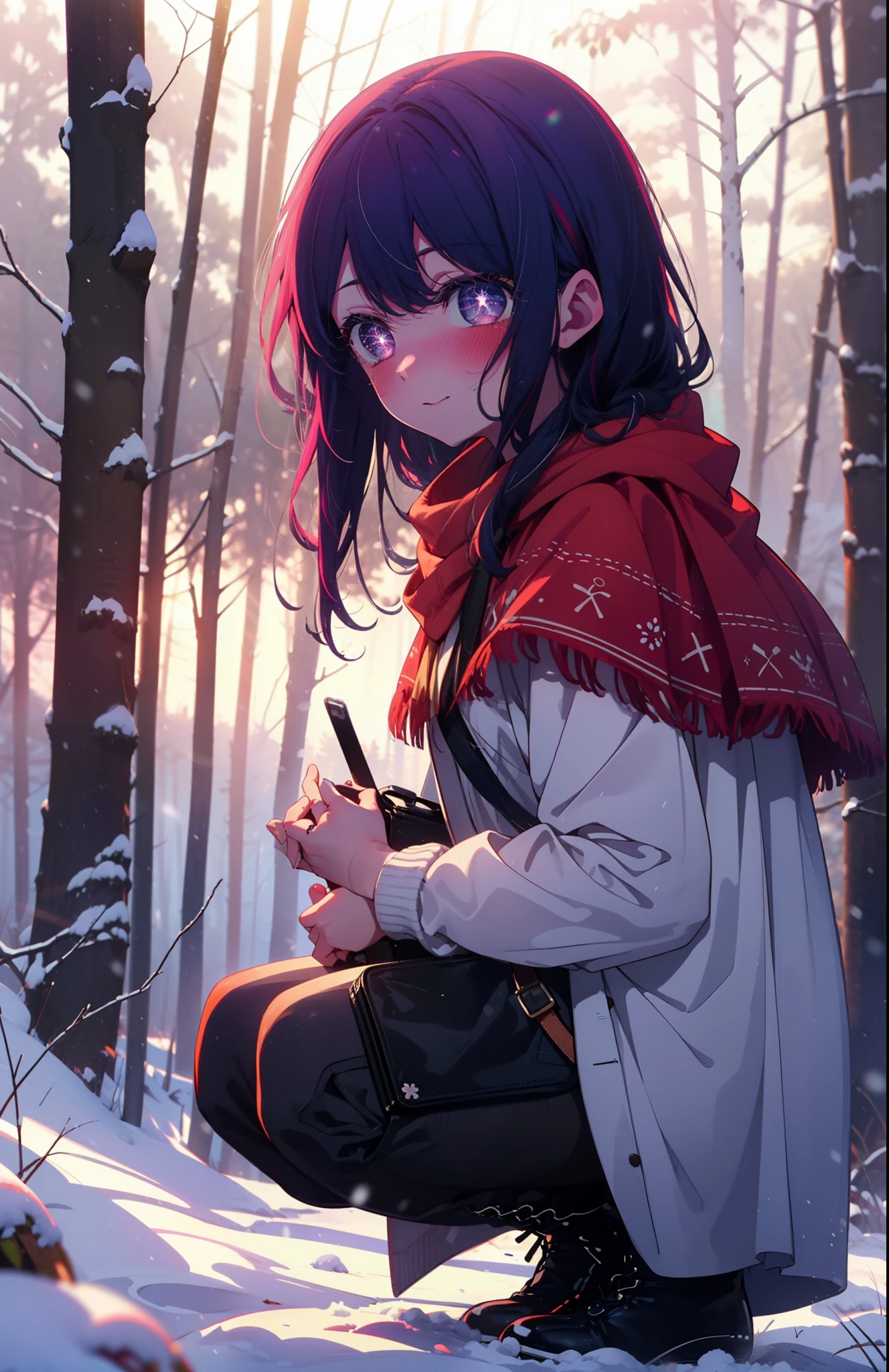 aihoshino, Ai Hoshino, Long Hair, bangs, (Purple eyes:1.1), Purple Hair, (Symbol-shaped pupil:1.5), smile,,smile,blush,white breath,
Open your mouth,snow,Ground bonfire, Outdoor, boots, snowing, From the side, wood, suitcase, Cape, Blurred, , forest, White handbag, nature,  Squat, Mouth closed, Cape, winter, Written boundary depth, Black shoes, red Cape break looking at viewer, Upper Body, whole body, break Outdoor, forest, nature, break (masterpiece:1.2), Highest quality, High resolution, unity 8k wallpaper, (shape:0.8), (Beautiful and beautiful eyes:1.6), Highly detailed face, Perfect lighting, Extremely detailed CG, (Perfect hands, Perfect Anatomy),