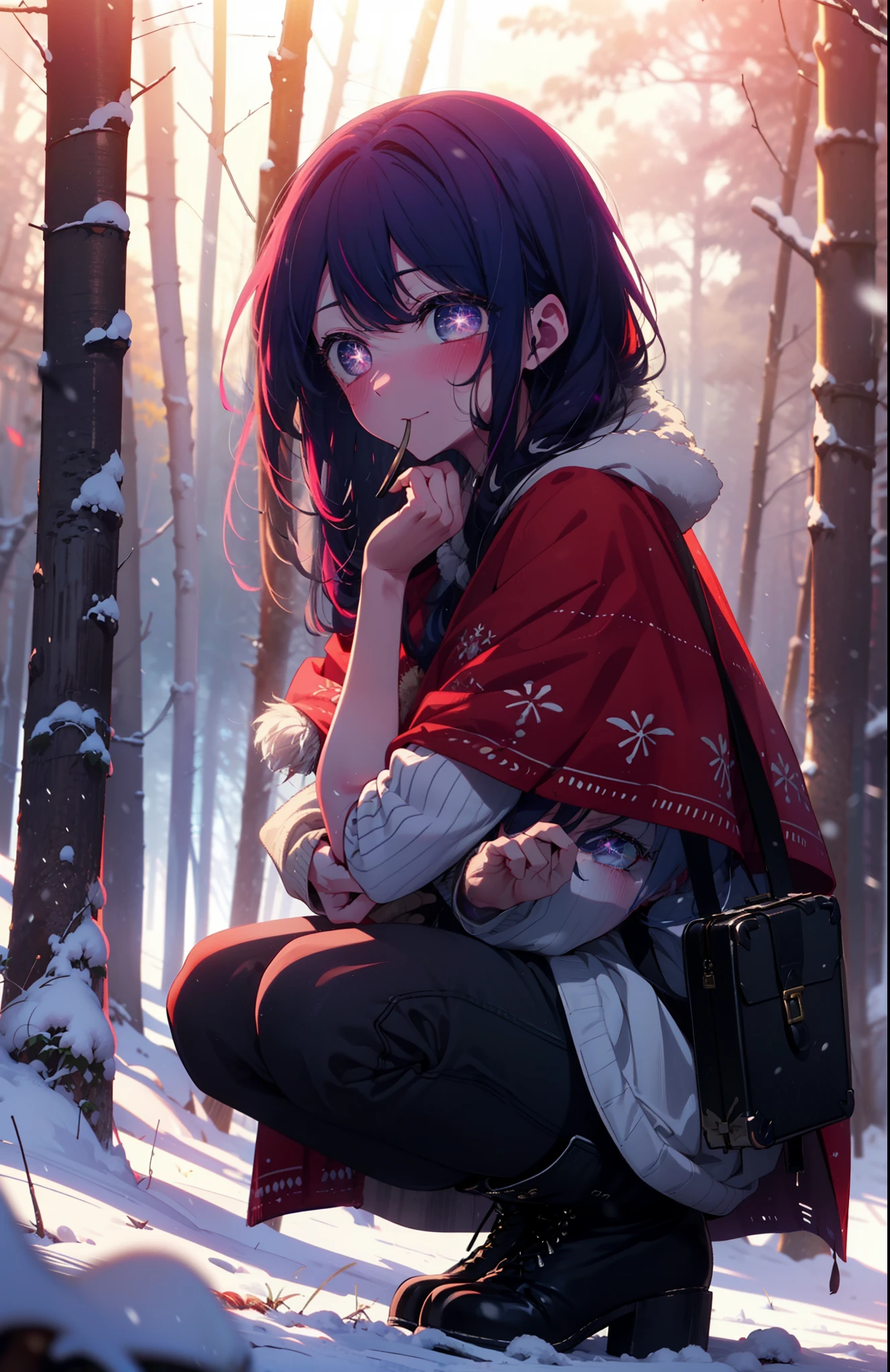 aihoshino, Ai Hoshino, Long Hair, bangs, (Purple eyes:1.1), Purple Hair, (Symbol-shaped pupil:1.5), smile,,smile,blush,white breath,
Open your mouth,snow,Ground bonfire, Outdoor, boots, snowing, From the side, wood, suitcase, Cape, Blurred, , forest, White handbag, nature, Squat, Mouth closed, Cape, winter, Written boundary depth, Black shoes, red Cape break looking at viewer, Upper Body, whole body, break Outdoor, forest, nature, break (masterpiece:1.2), Highest quality, High resolution, unity 8k wallpaper, (shape:0.8), (Beautiful and beautiful eyes:1.6), Highly detailed face, Perfect lighting, Extremely detailed CG, (Perfect hands, Perfect Anatomy),
