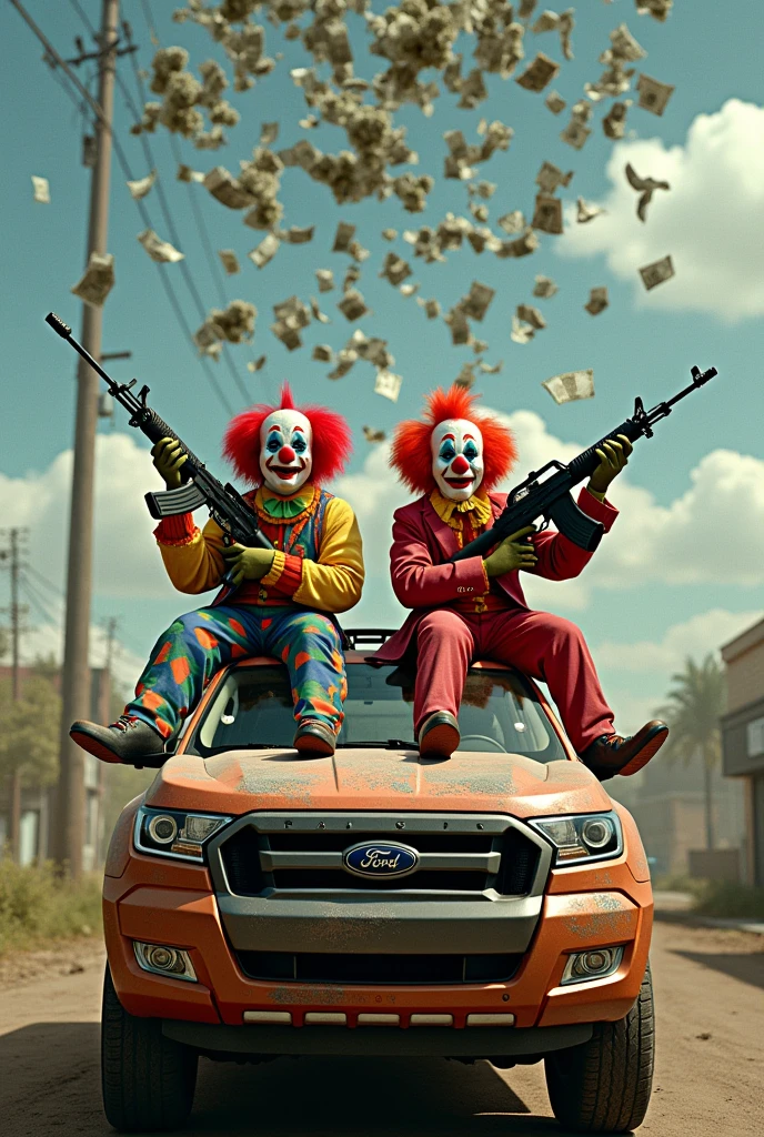 Two AK47 clowns sitting on top of a Ranger Sport pickup truck,  women in bras raining money and marijuana weed 