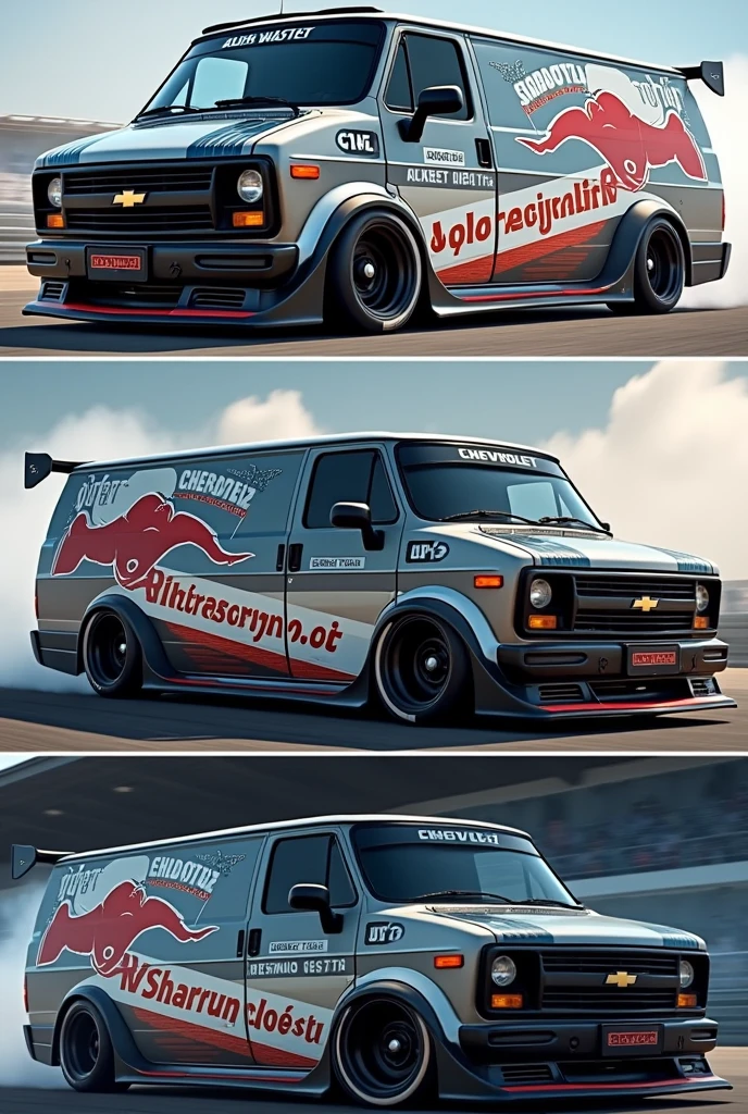 Create a design for a Chevrolet Astro inspired by racing cars, includes sponsors and logos, shows from different angles