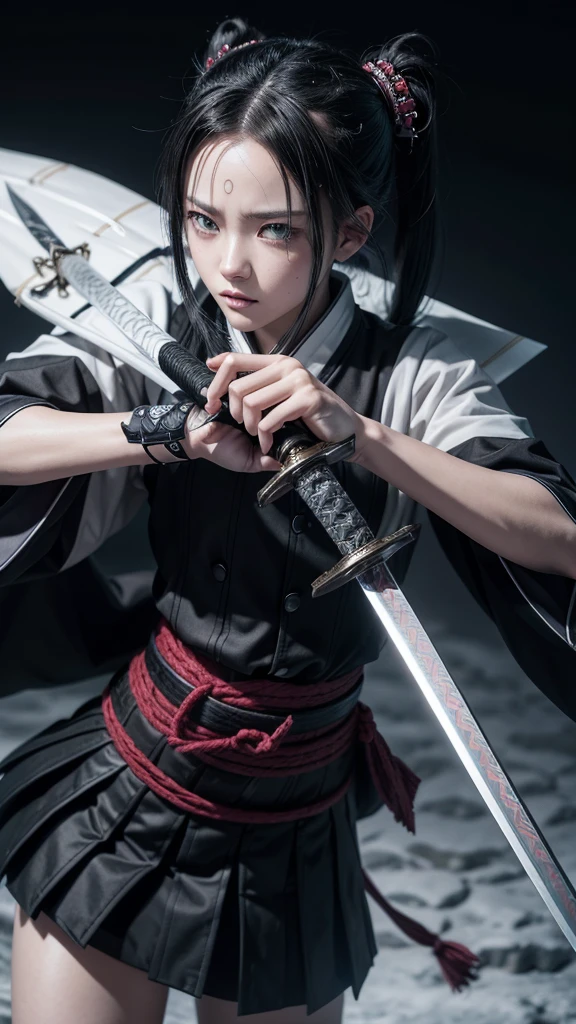 Screenshot from Kimetsu No Yaiba I want you to make a sword or katana that is white with black details, and with ice decorations and lunar faces on the edge of the sword