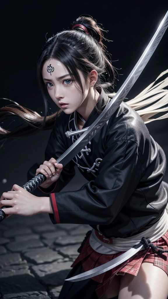 Screenshot from Kimetsu No Yaiba I want you to make a sword or katana that is white with black details, and with ice decorations and lunar faces on the edge of the sword