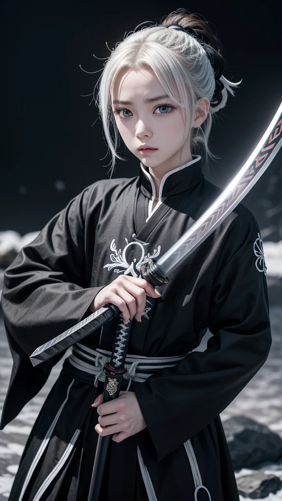 Screenshot from Kimetsu No Yaiba I want you to make a sword or katana that is white with black details, and with ice decorations and lunar faces on the edge of the sword