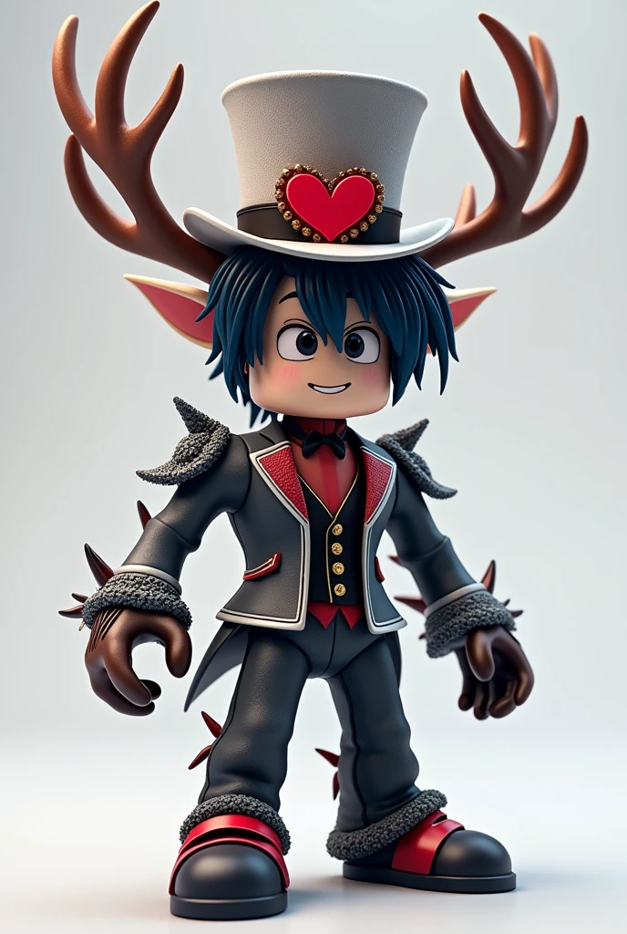 Create a roblox character with an antler skin and a white, red and black top hat with a heart in the middle and black and blue male roblox hair without a horn and an antler body 