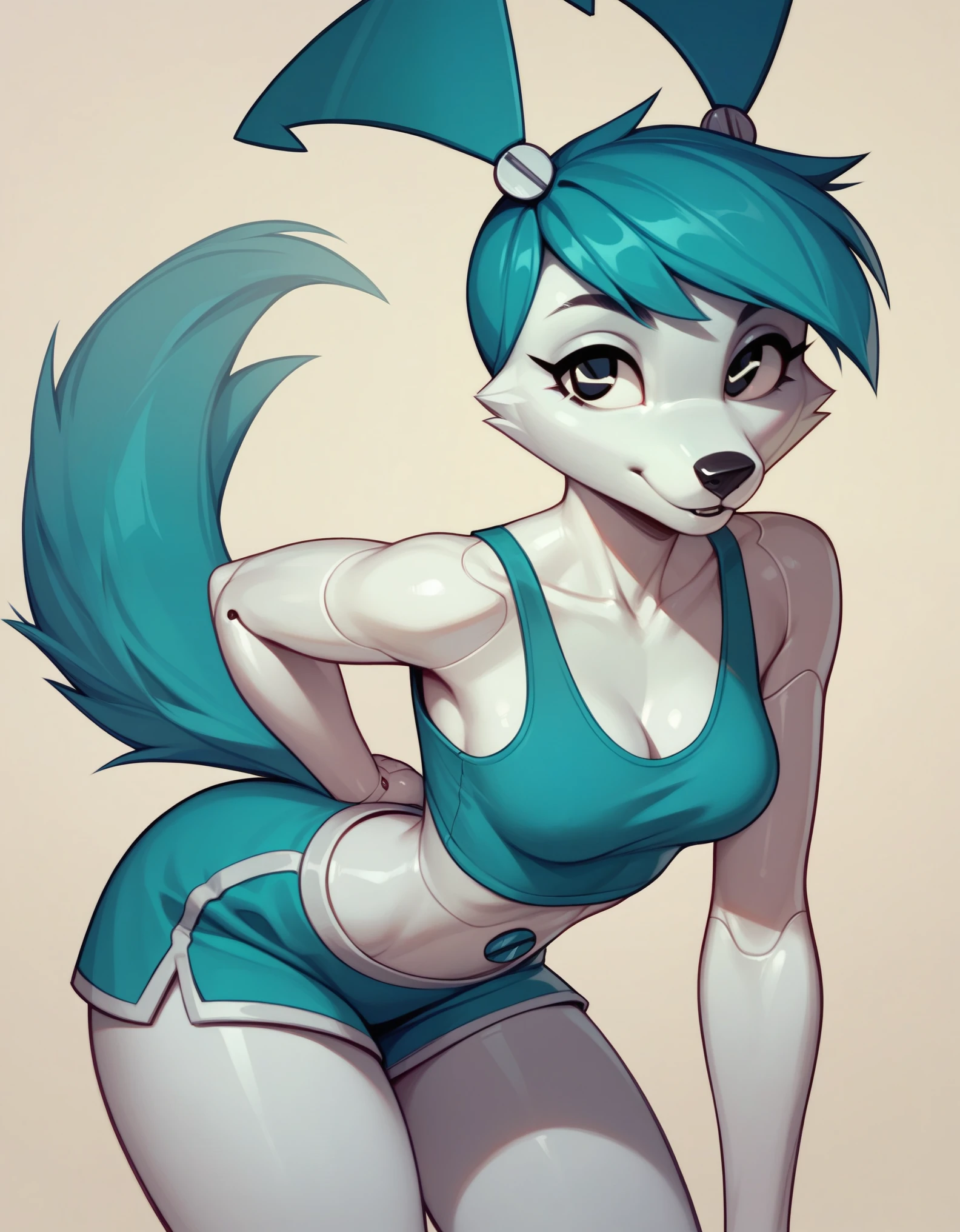 Solo, score_9,score_8_up,score_7_up, solo, Anthro, Jenny Wakeman from my life as a teenage robot, female, (she is an anthropomorphic wolf girl, wolf snout, black nose, wolf tail):1.3, android, metal blue pigtails, white wolf ears, synthetic white skin, android joints, synthetic hair, synthetic body, winking, side view, holding up peace sign, wearing latex crop top, latex micro skirt, 