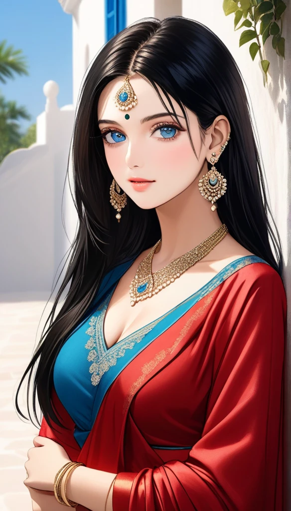 a beautiful woman with piercing blue eyes, long dark hair, flawless realistic skin, wearing a shimmering red saree embroidered with intricate platinum jewelry, standing confidently outdoors against a simple white stucco background, the light catching the details of her oversized hoop earrings, necklace, bangles, and anklet, masterful photorealistic precision, elegant features, luxurious textures of attire and accessories, (best quality,4k,8k,highres,masterpiece:1.2),ultra-detailed,(realistic,photorealistic,photo-realistic:1.37),HDR,UHD,studio lighting,ultra-fine painting,sharp focus,physically-based rendering,extreme detail description,professional,vivid colors,bokeh,portraiture