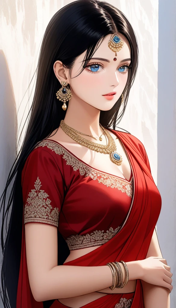 a beautiful woman with piercing blue eyes, long dark hair, flawless realistic skin, wearing a shimmering red saree embroidered with intricate platinum jewelry, standing confidently outdoors against a simple white stucco background, the light catching the details of her oversized hoop earrings, necklace, bangles, and anklet, masterful photorealistic precision, elegant features, luxurious textures of attire and accessories, (best quality,4k,8k,highres,masterpiece:1.2),ultra-detailed,(realistic,photorealistic,photo-realistic:1.37),HDR,UHD,studio lighting,ultra-fine painting,sharp focus,physically-based rendering,extreme detail description,professional,vivid colors,bokeh,portraiture