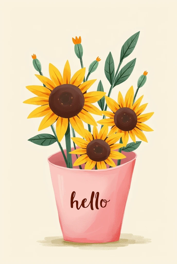 Generate me some simple web-drawn sunflowers with a pink wrapper that says hello