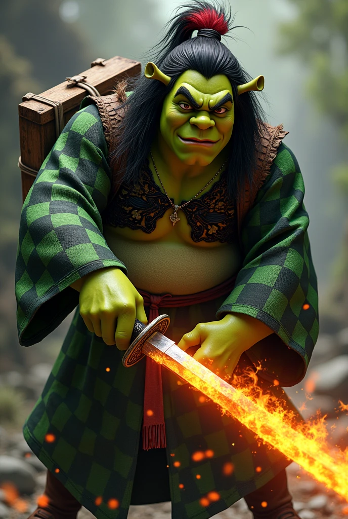 Shrek dressed in green and black checkered kimono, long black hair with red, a katana in his hand on fire, in attack position, with a wooden box on his back