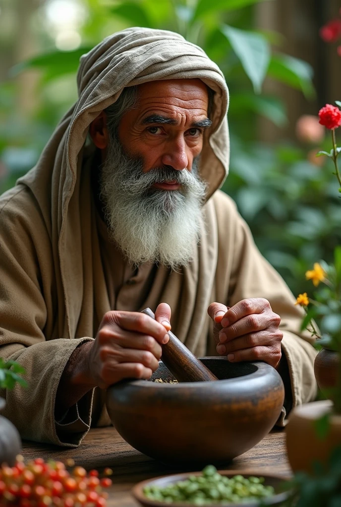 Muslim hakim Baba Hakim have mortal and pestle making herb image generate for brand logo