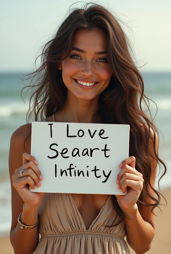 Beautiful girl with wavy long hair, bohemian dress, holding a white board with text "I Love Seaart Infinity" and showing it to the viewer
