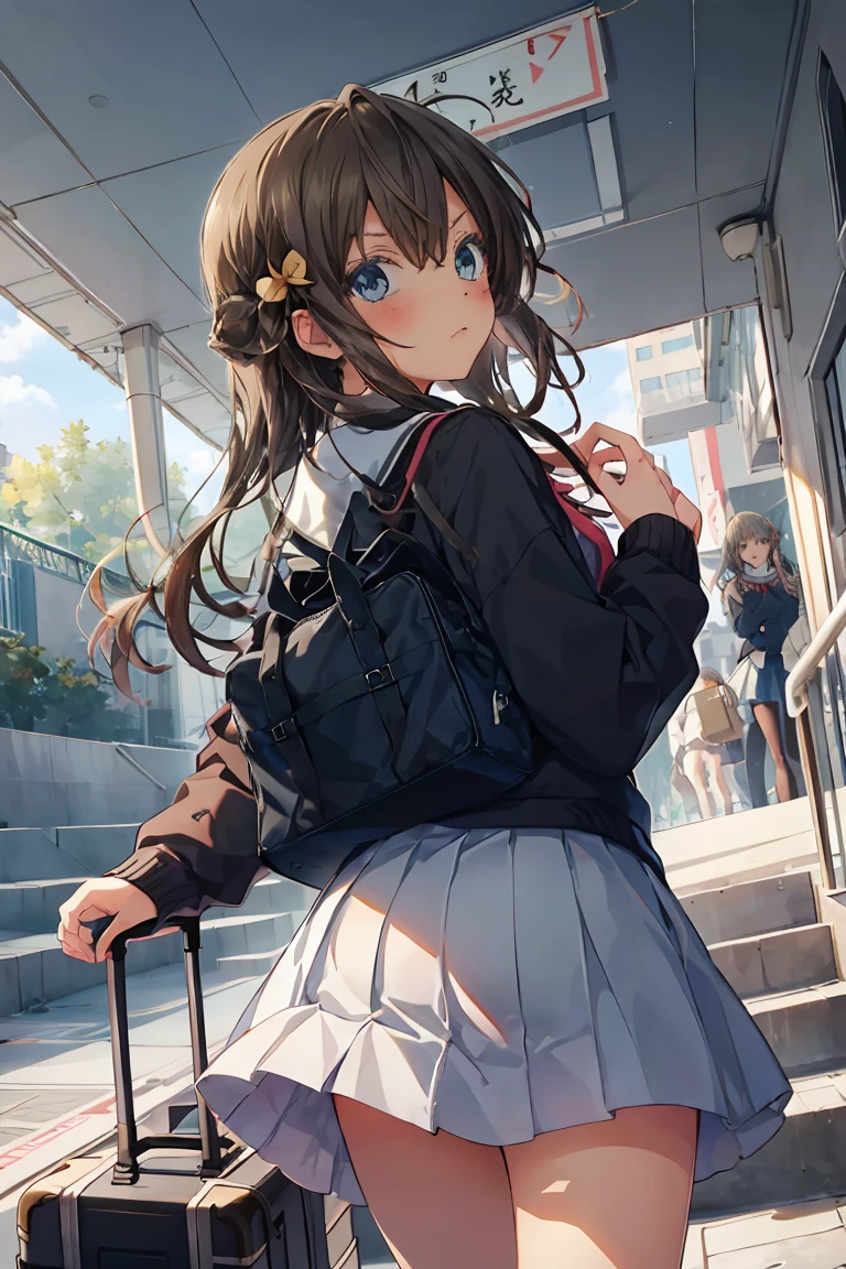 animese anime girl in skirt and blouse with suitcase walking up the stairs, 1girl, stairs, skirt, long hair,angry,blush, looking at viewer, looking back, bag, solo, grey skirt, school uniform, pleated skirt,covering ass, from behind, blush, long sleeves, bangs, school bag,low angle,(Cover your buttocks with your hands)