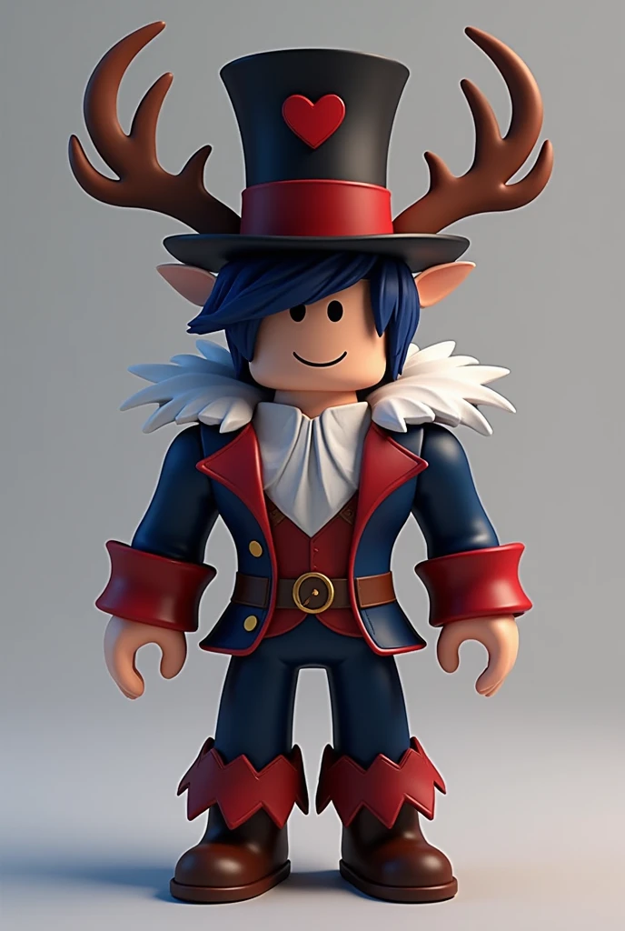 Create a roblox character with an antler skin and a white, red and black top hat with a heart in the middle and black and blue male roblox hair without a horn and the antler body, give it a more baronial leather