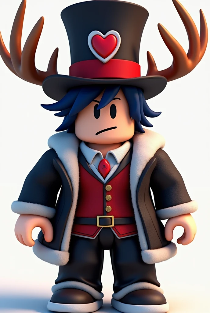 Create a roblox character with an antler skin and a white, red and black top hat with a heart in the middle and black and blue male roblox hair without a horn and the antler body, give it a more baronial leather