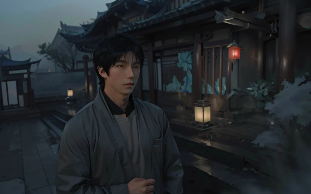 arafed asian man standing in front of a building,Chinese art,traditional Chinese buildings, inspired by Zhang Han, inspired by Yamagata Hiro, inspired by Itō Ogura Yonesuke, makoto shinkai. octane render, made with anime painter studio, artwork in the style of guweiz, handsome Chinese boy, makoto shinkai. digital render,1boy,cool guy,(muscular), (huge pecs),(pec bounce),(huge chest),(muscle chest),(focus on the chest),Korean teen handsome face,(beautiful scenery),scenery