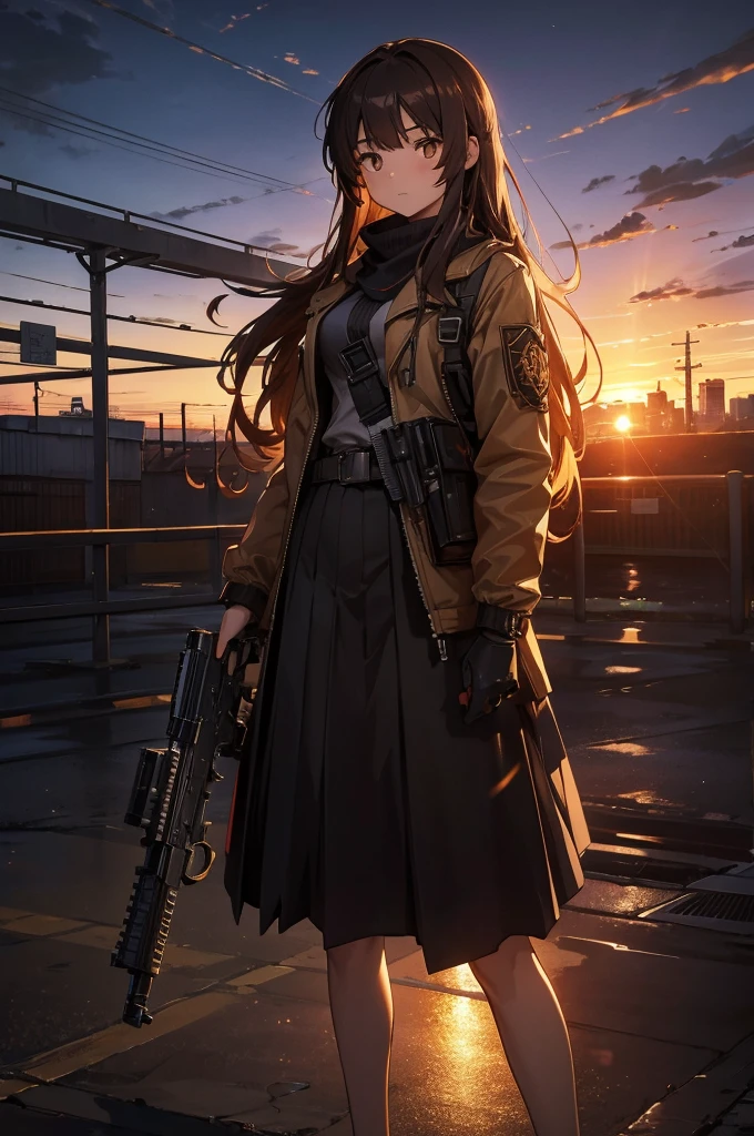 Cityscape, building, Skyline, sunset, Silhouette with cumulonimbus clouds in the background, meditation. Watching the beautiful sunset, sunset時に, sunset時, sunsetとともに, In the sunset, Nice views, Sunset view, With the sunset, sunset時に, During Golden Hour, looking sunset時に, Sunset in the background, Watching the sunset, In the spotlight, holding_gun, assault_rifle, Very detailed, Brown Hair, Long Hair, Anime Style, whole body, alone, Stylish Gunfighter Girl, Holding a steampunk long barrel pistol, The background is a dark and desolate landscape, Horror movie atmosphere. Her figure is very beautiful, Emphasizing the dark and crazy elements. Skillfully expressing the effects of light and shadow, Anime girls with guns and rifles, from Girls' Frontline