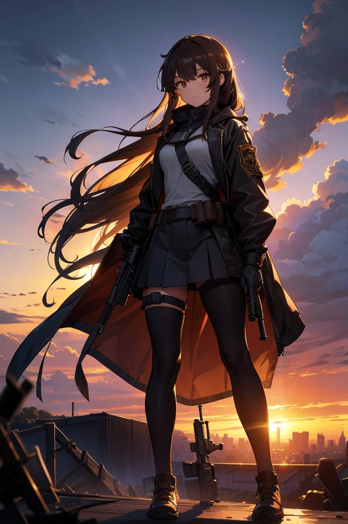 Cityscape, building, Skyline, sunset, Silhouette with cumulonimbus clouds in the background, meditation. Watching the beautiful sunset, sunset時に, sunset時, sunsetとともに, In the sunset, Nice views, Sunset view, With the sunset, sunset時に, During Golden Hour, looking sunset時に, Sunset in the background, Watching the sunset, In the spotlight, holding_gun, assault_rifle, Very detailed, Brown Hair, Long Hair, Anime Style, whole body, alone, Stylish Gunfighter Girl, Holding a steampunk long barrel pistol, The background is a dark and desolate landscape, Horror movie atmosphere. Her figure is very beautiful, Emphasizing the dark and crazy elements. Skillfully expressing the effects of light and shadow, Anime girls with guns and rifles, from Girls&#39; Frontline