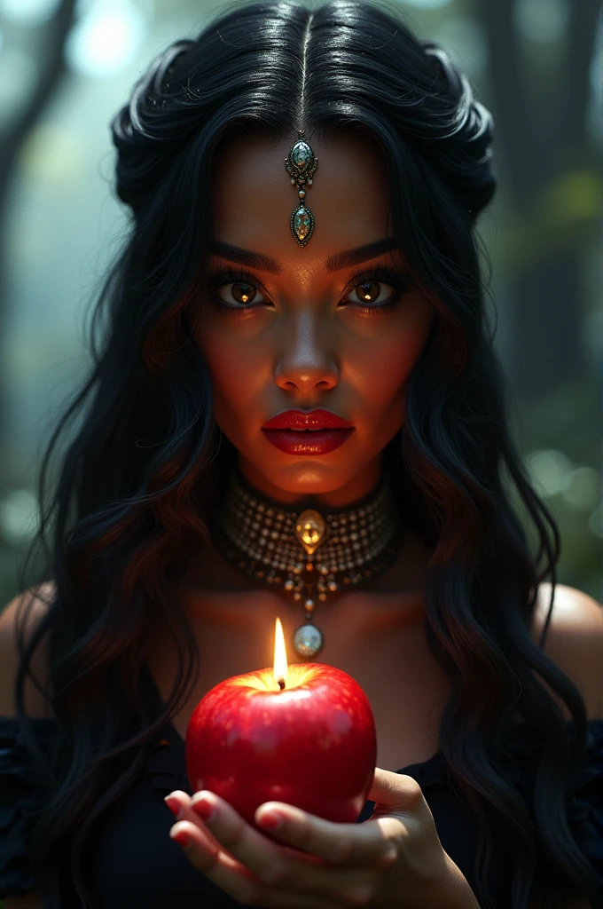 ((RAW Photo), absurd, (absurdresolution)), masterpiece, best quality, (Extremely detailed 8k unity CG wallpaper), (best illustration), (best shadow), Realistic lighting, beautiful detailed glow, ((21 years old)), girl, long black hair, black queen, accessories, apple in hand, poisoned apples, witch queen, red lipstick, (((Photographic Perspective of her)))