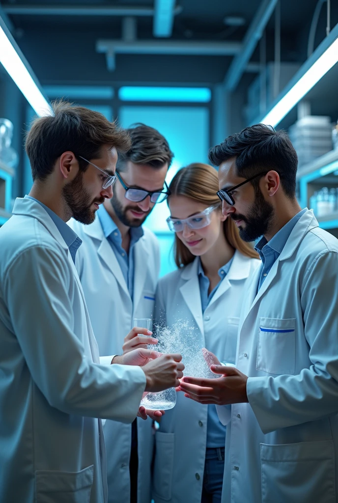 Four people in a laboratory with black hair, one man with glasses and the other has a beard, next to two women, one has brown hair