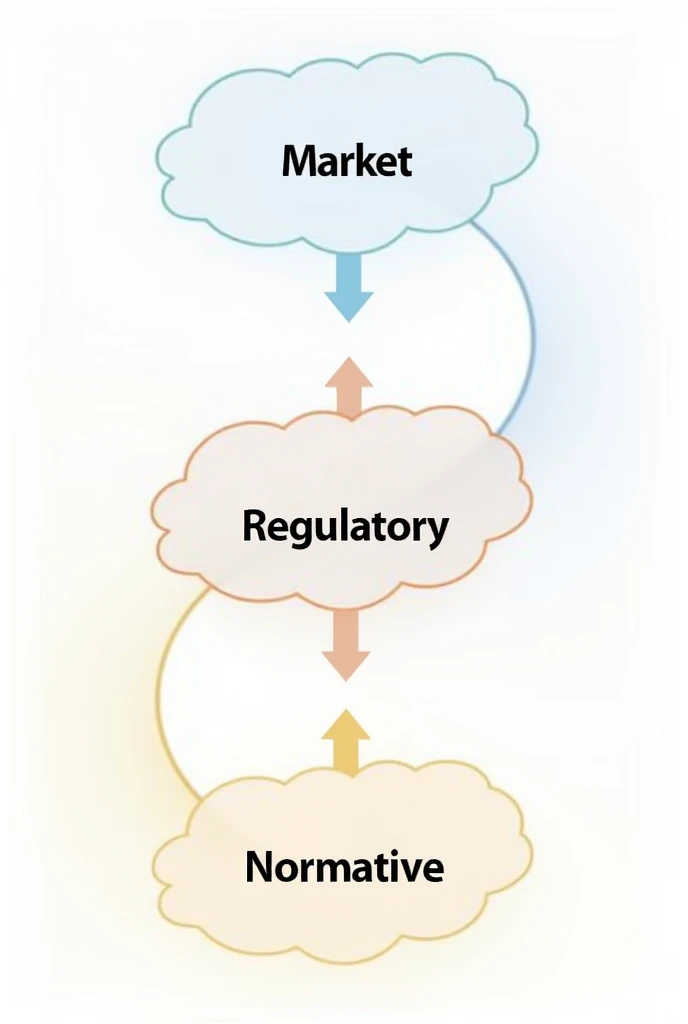 A diagram showing different types of economic incentives (Market, regulatory, normative) with arrows indicating their influence on human behavior. A color

