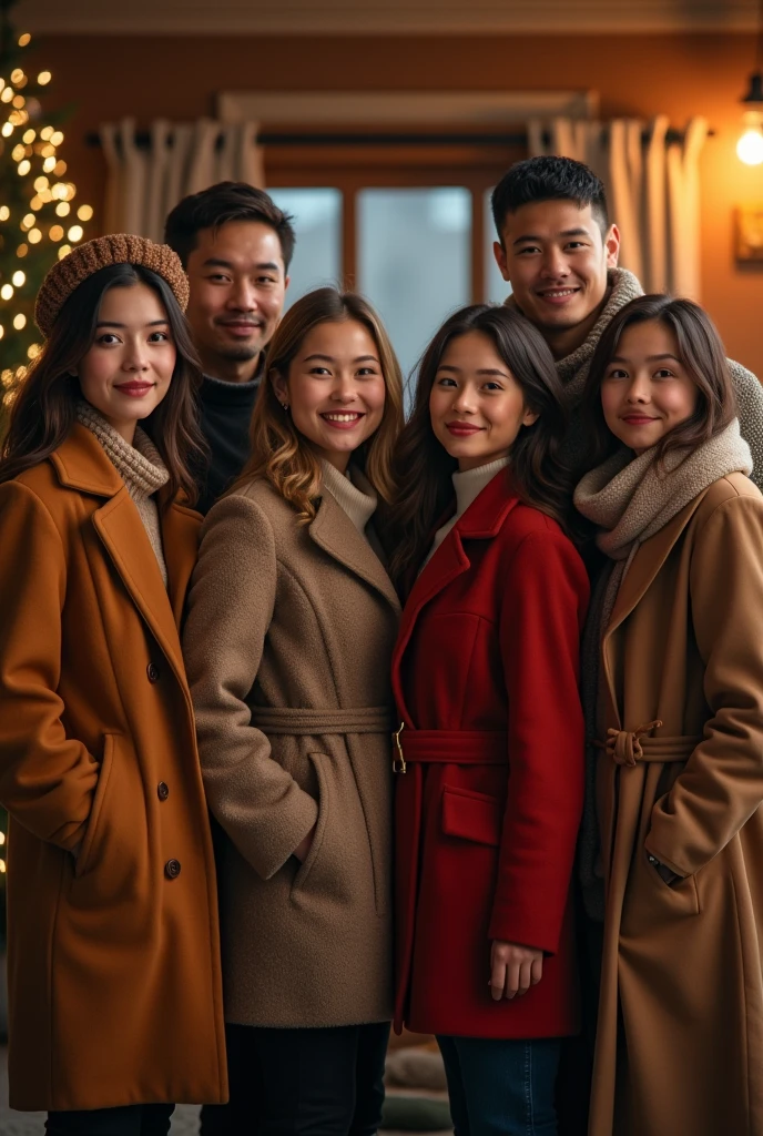 A gorup of cousins contain 5 women and 2 men
Wearr coat