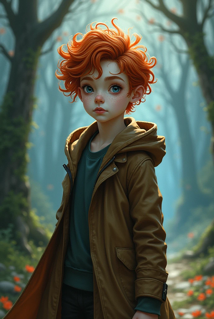 A -yeld boho is a ghost in a fantasy world. He has pale skin but his veins stand out as dark lines. He is a redhead., curly and his eyes are black. Wear a brown coat and a cape with a hood.