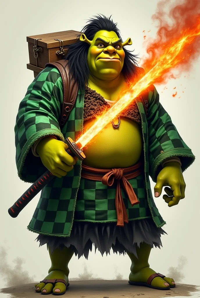 Shrek dressed in green and black checkered kimono, long black hair with red, a katana in his hand on fire, in attack position, with a wooden box on his back


