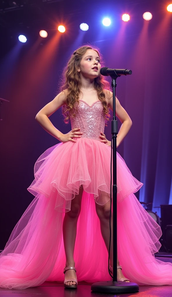 Idol girl singing on stage in frilly pink costume