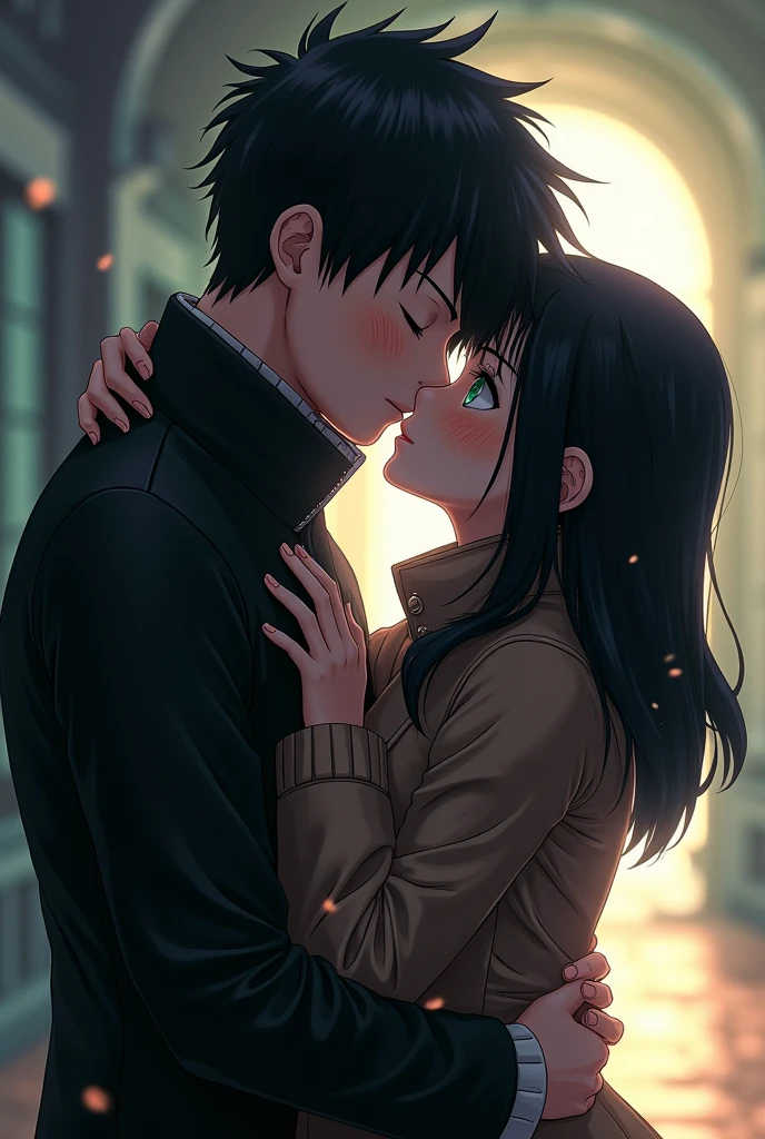 Boy Style Naruto Character Black hair a little big Dark green eyes Black coat Kissing with Hinata Hyuga