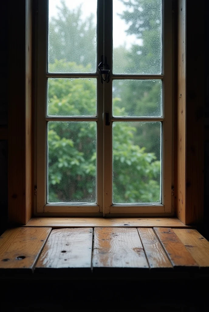 Wooden table with window rainy droplets dark backdrop front view