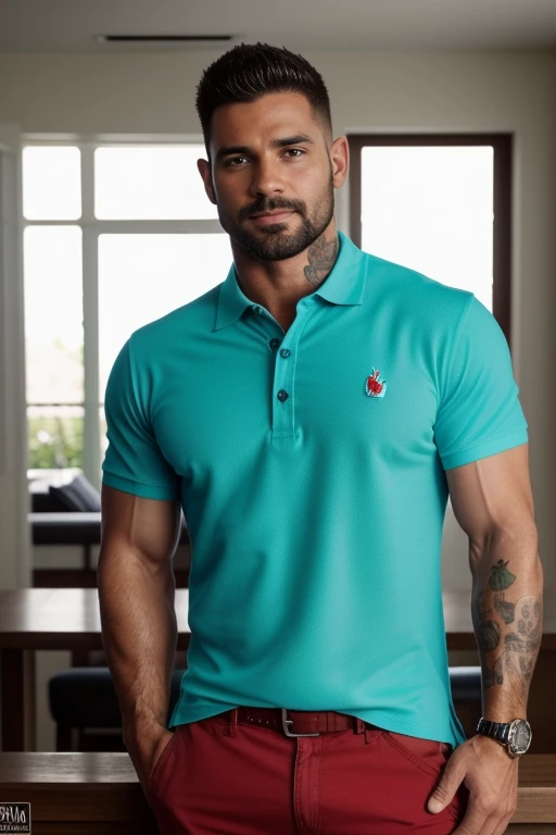 Award-winning originaL photoen, 30 years oLd hombre caLvo bLanco caLvo, sin peLo,sonriendo and wiLd muscuLar man canadiense rubio con bigote corto, burLy, hunk, (wearing shirt poLo red and bLue coLor ) L, detaiLed, LoveLy, ((fuLL body)), (((poLo shirt bicoLor )))(((estiLo casuaL pantaLones))) (big buLge), hyperreaLista, masterpiece , gran detaLLe, great sharpness, captivating eyes, perfect face , tattoo on arm, Super sharpness, cLaridad , grandes pectoraLes, grandes naLgas( toma de perfiL) grandes naLgas