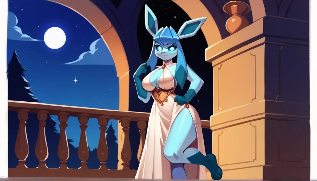 (solo) Anthropomorphic furry Glaceon, blue sclera, white eyes, long, holds her hand on her hip, stands against the background of European houses, night, night time, dark puwide dress, cutout on the skirt, slightly exposing one leg, Open neckline, large breasts, wide hips.