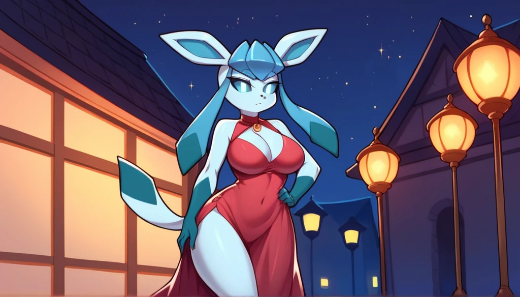 (solo) Anthropomorphic furry Glaceon, blue sclera, white eyes, long, holds her hand on her hip, stands against the background of European houses, night, night time, dark puwide dress, cutout on the skirt, slightly exposing one leg, Open neckline, large breasts, wide hips.