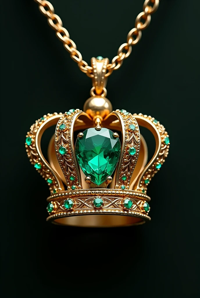Gold Crown Pendant with an emerald inlay in the center